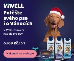 Animovaný vánoční banner ViWell: pes v čepici a krabičky nápojů