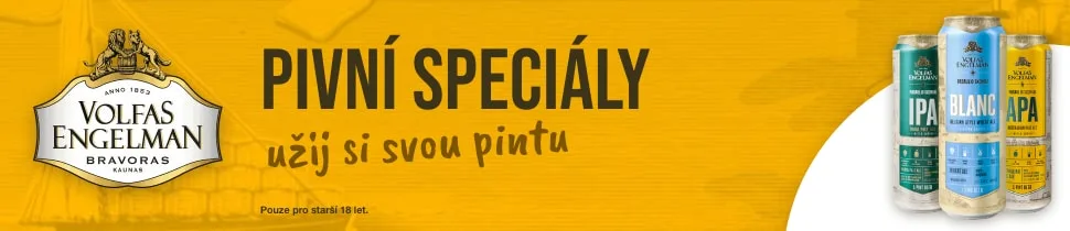 Animovaný široký banner Volfas Engelman 970 × 210 s plechovkami a mapou